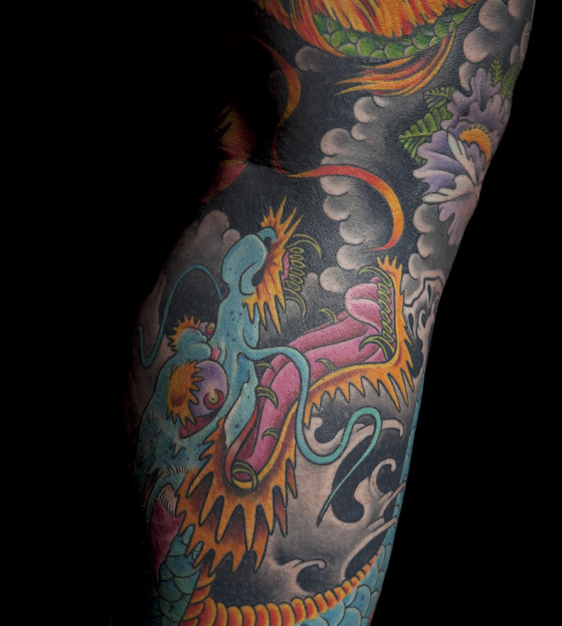 Japanese phoenix dragon leg sleeve | Mark Thompson Tattoo